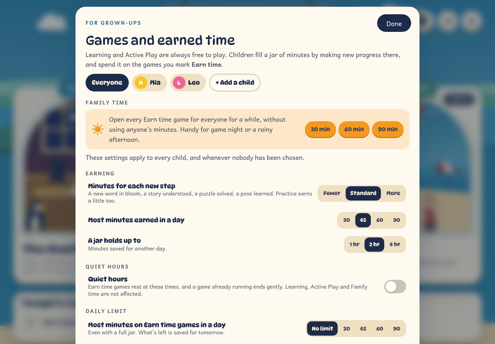 The Games and earned time screen: Family time buttons, earning rules, how much a jar holds, quiet hours and a daily limit.