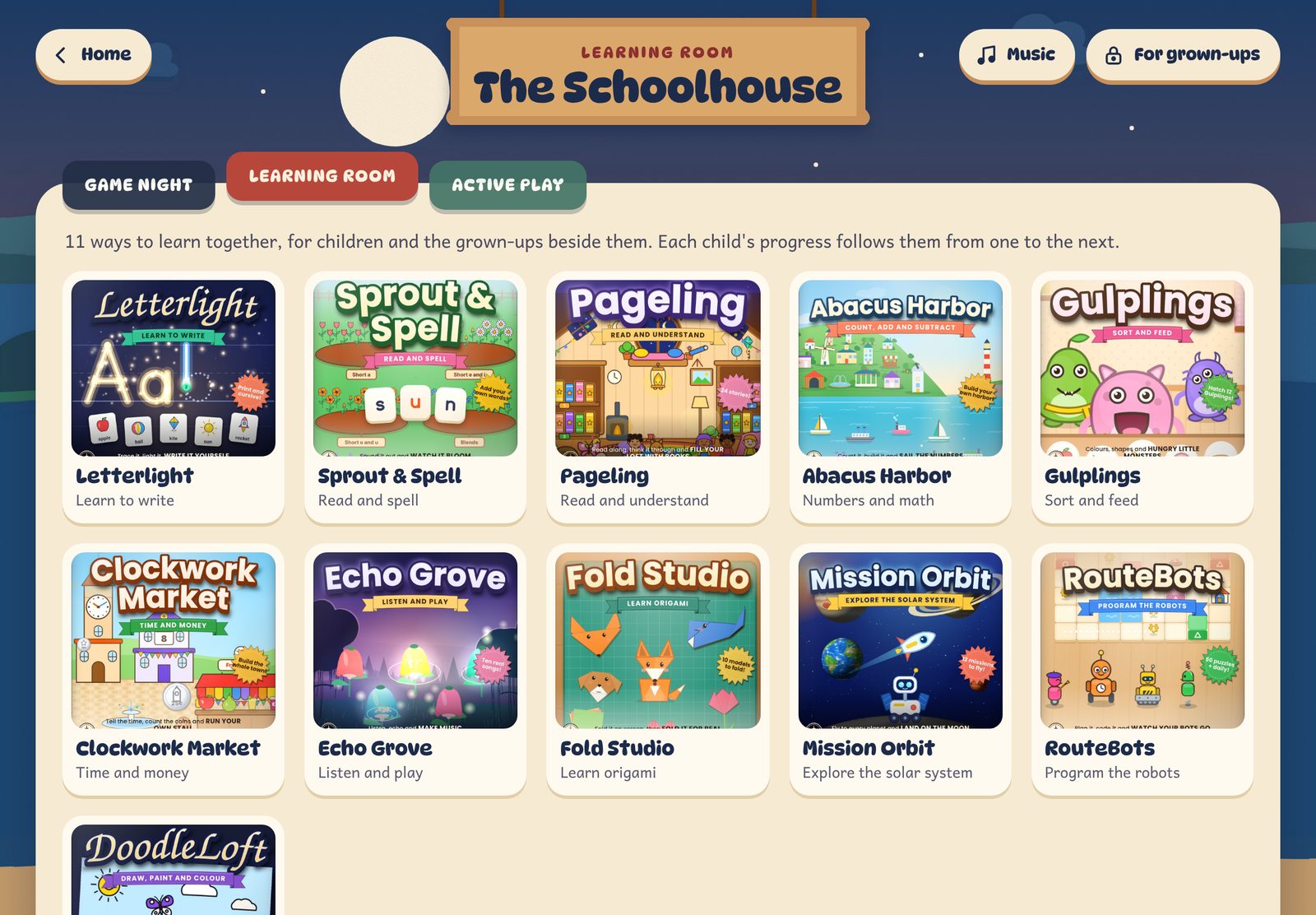 The Schoolhouse in BrimbleBay with eleven learning games, including Letterlight, Sprout and Spell, Pageling, Abacus Harbor and RouteBots.